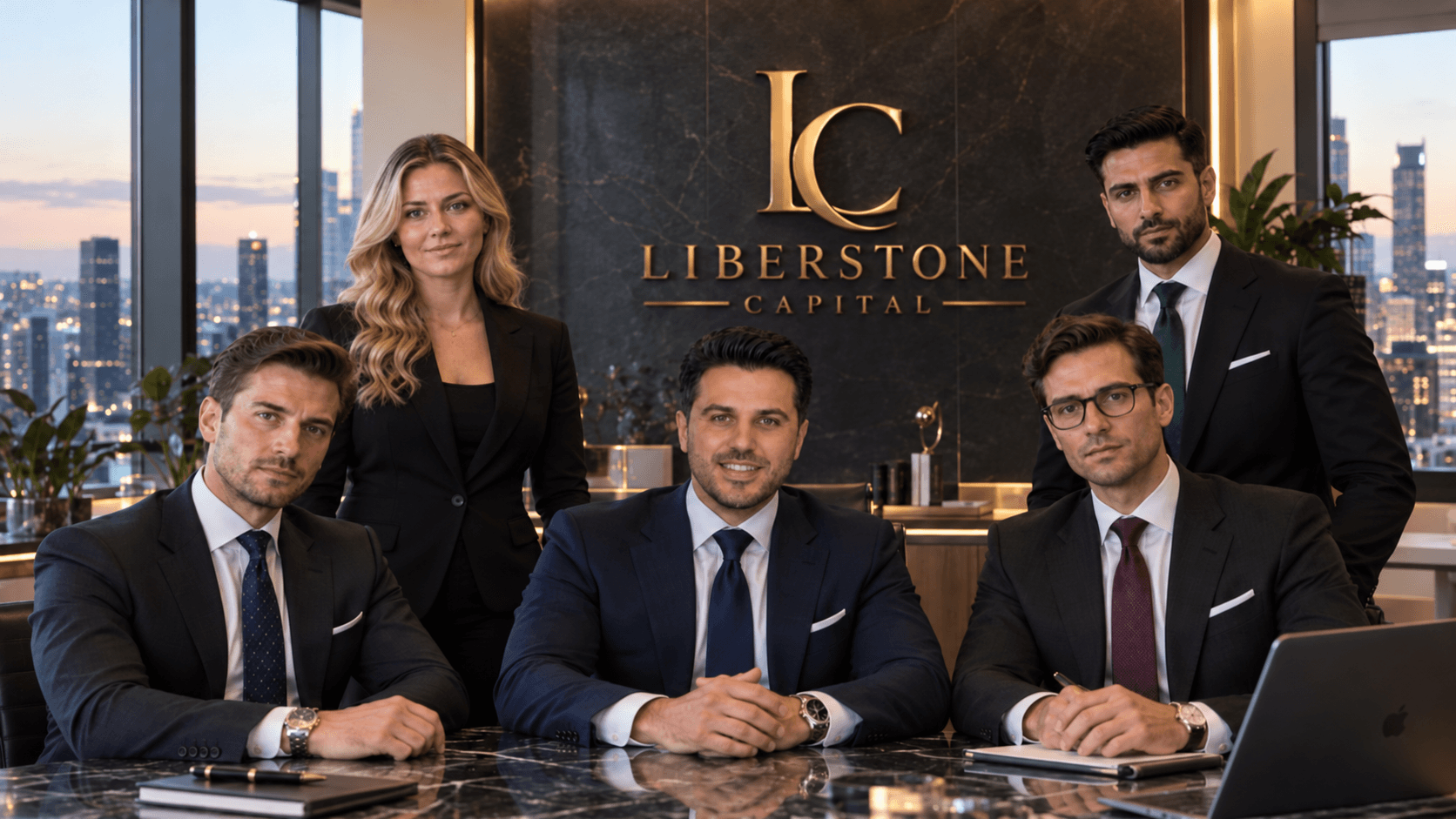 Group portrait of five people in a LiberStone Capital office setting